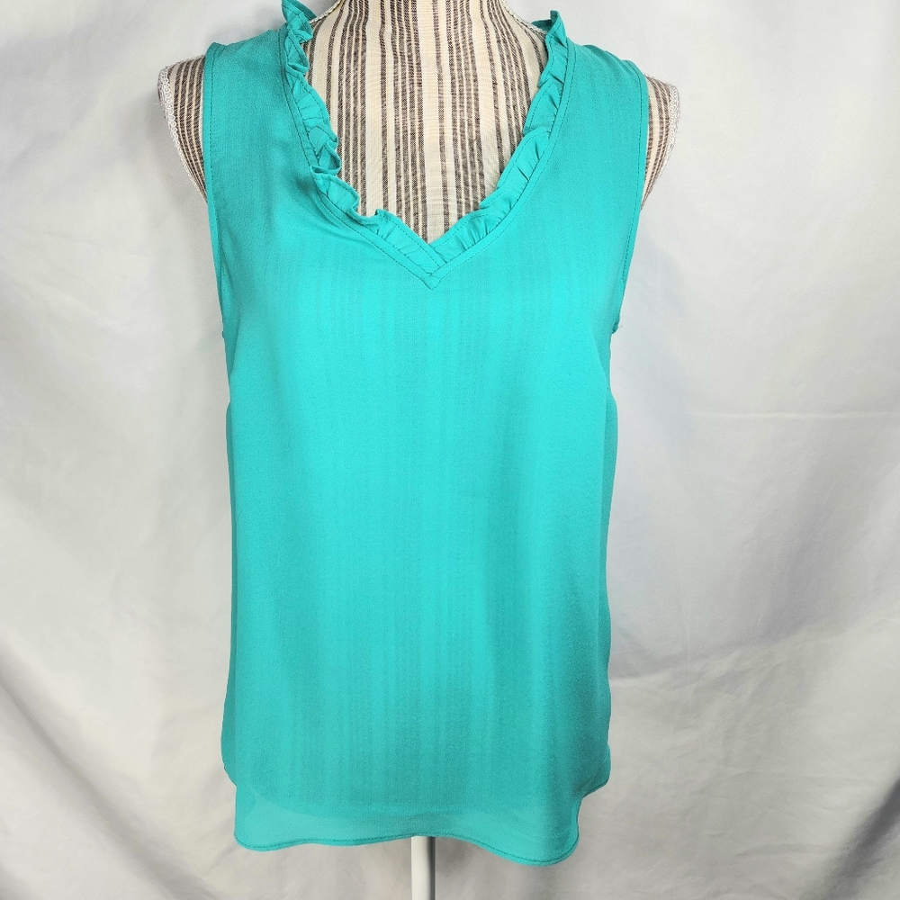 Rose + Olive Green Ruffle Edged V Neck Sleeveless Top Size Small